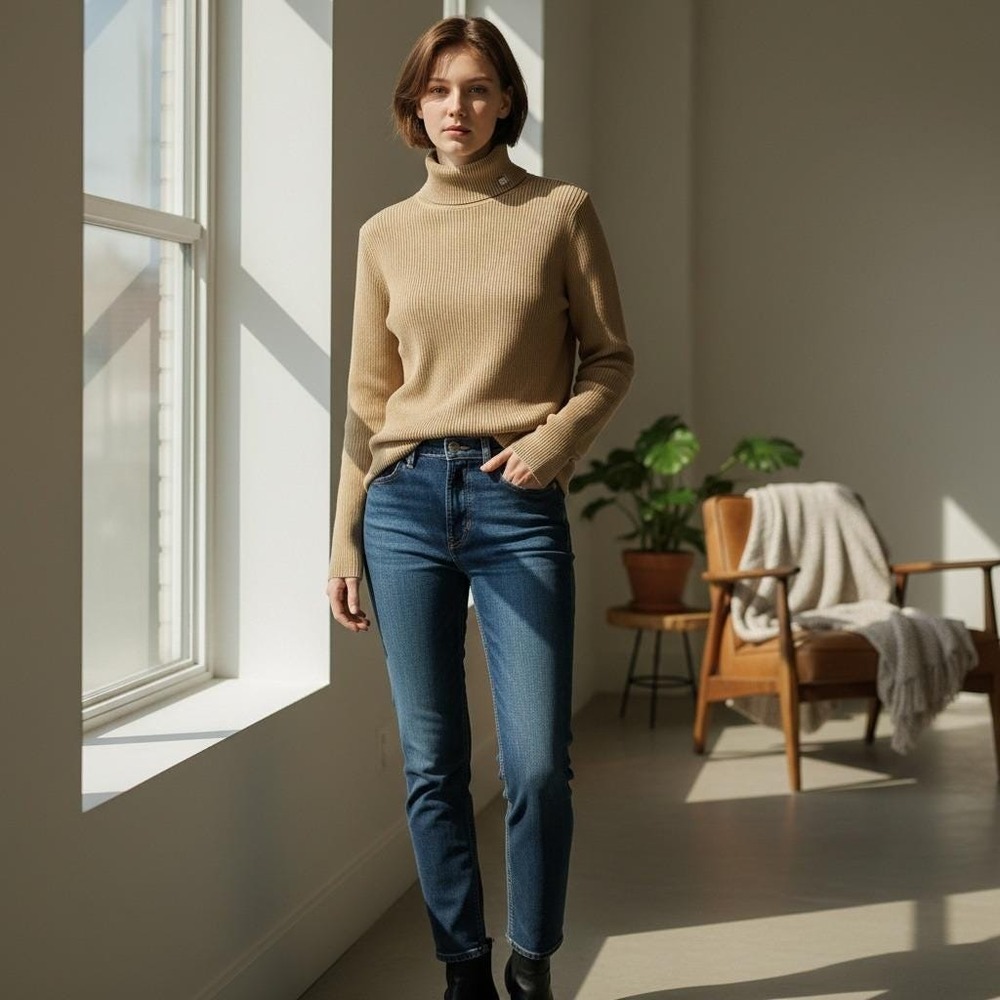 Y2K Ralph Lauren Turtleneck  XL Tan Ribbed Cotton Sweater Old Money Quiet Luxury